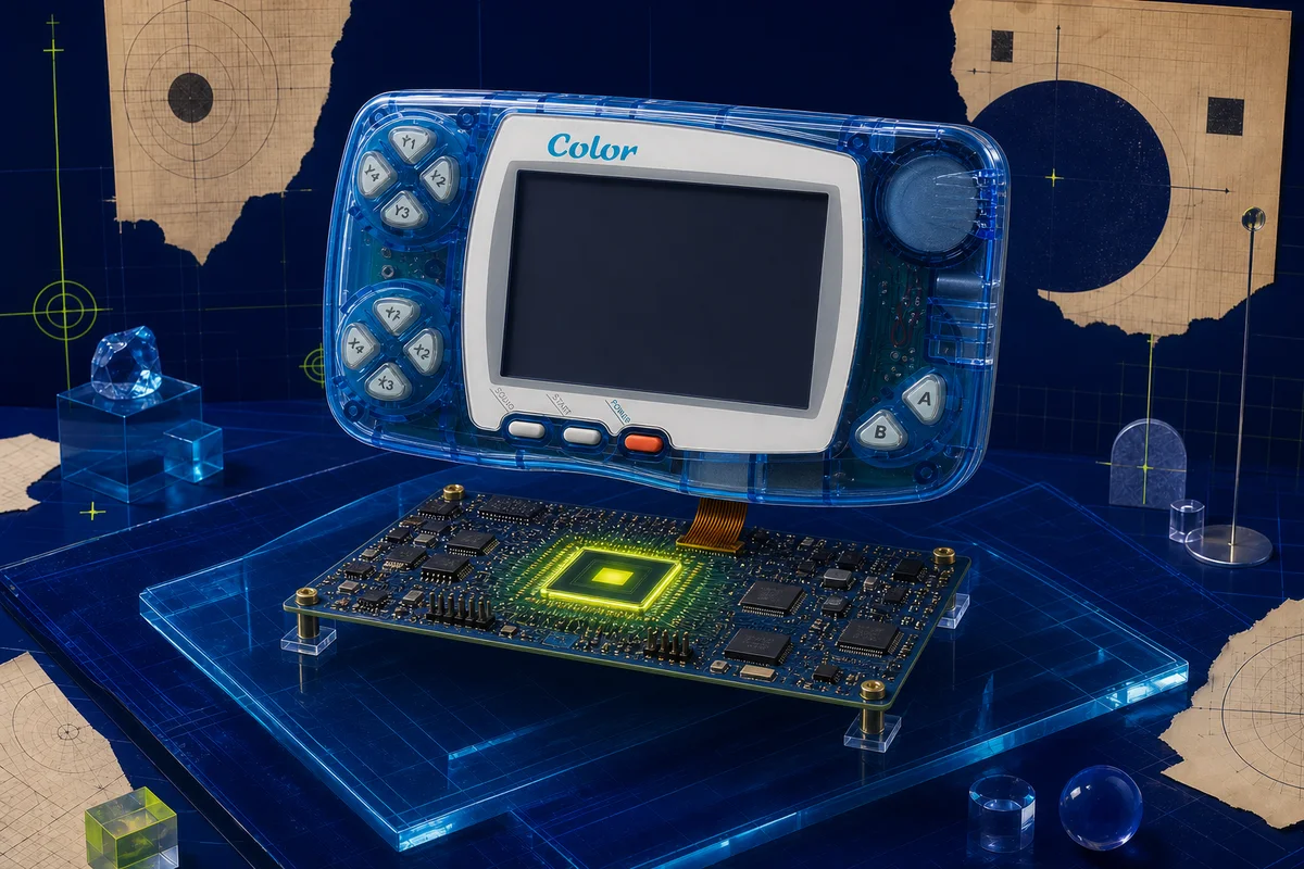 A translucent blue WonderSwan Color hovering above a separate exposed FPGA development board on an acrylic platform