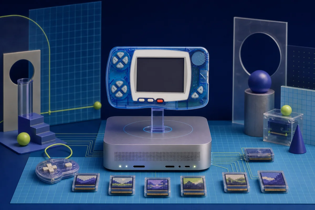 A hardware-faithful translucent blue WonderSwan Color displayed above a compact silver desktop computer in an indigo laboratory