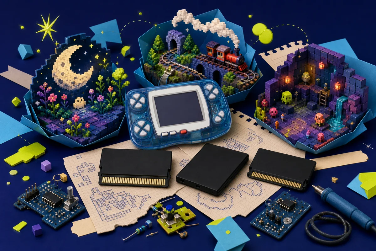 A WonderSwan Color and thin black cartridges with exposed gold edge connectors surrounded by miniature original pixel-art worlds